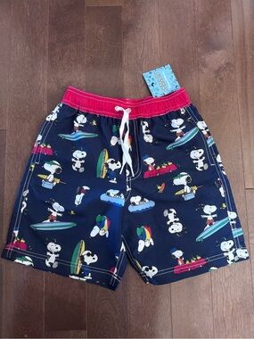 Brand New Hanna Andersson Peanuts Kids Navy Snoopy Print Swim Trunks with sz 130